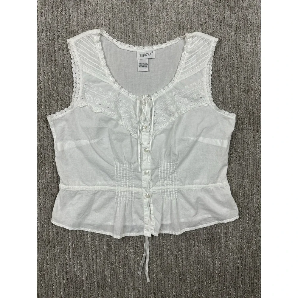 Together Vintage Embroidered Tank Top Large White Floral Boho 90s Dainty Faire